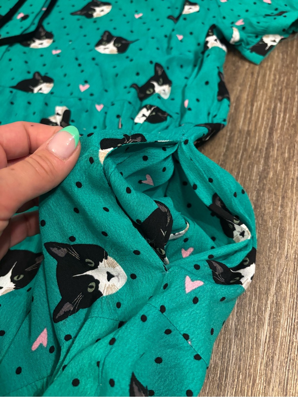Hell Bunny Love Cat Face Lady Mini Dress White Collar Black Bow Smocked Teal 2XL - Picture 8 of 10